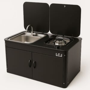 Kompakte Camping Küche in Schwarz und Edelstahl mit Brenner und Spülbecken